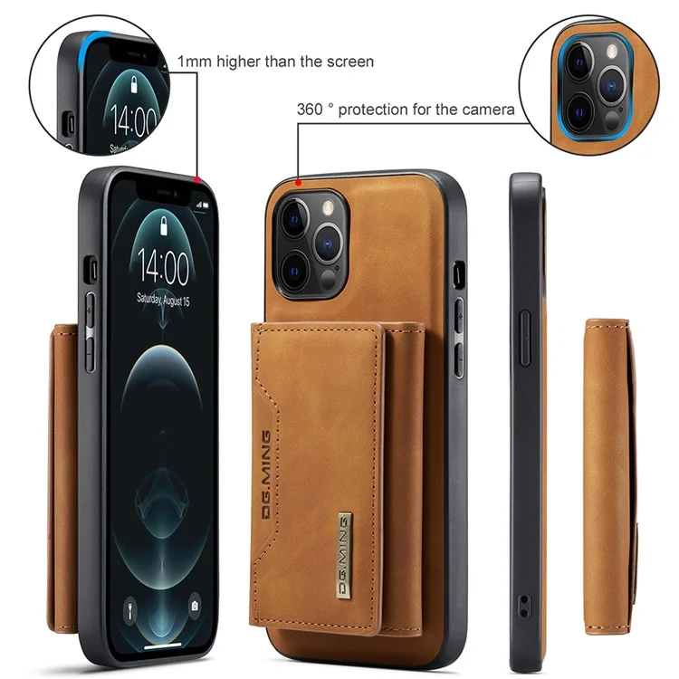 DG.MING M2 Series Magnetic Detachable 2-in-1Tri-Fold Wallet Wireless Charging Hybrid Kickstand Case for iPhone 13 Pro 6.1 inch - Marrón