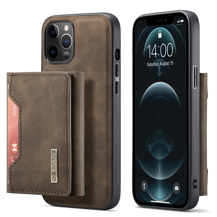 DG.MING M2 Series Magnetic Detachable 2-in-1Tri-Fold Wallet Wireless Charging Hybrid Kickstand Case for iPhone 13 Pro 6.1 inch - Coffee