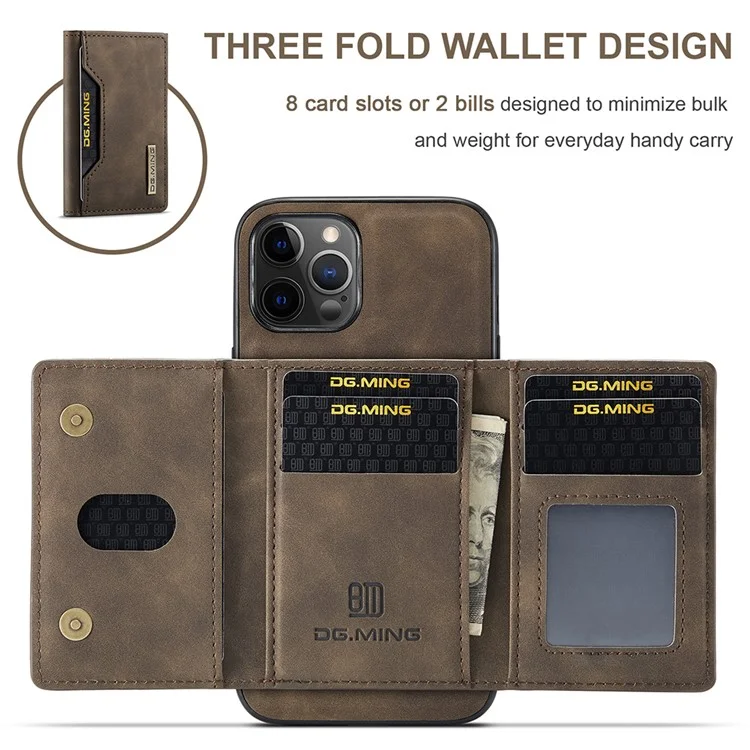 Dg. MING M2-Serie Magnetischer Abnehmbarer 2-in-1-1-fach Wallet Wireless Ladehykind-Kickstand-Hülle Für IPhone 13 Pro 6,1 Zoll - Kaffee