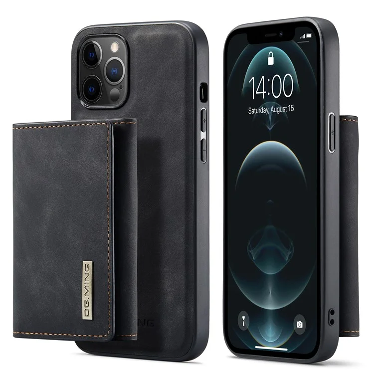 DG.MING M1 Series Wireless Charging Leather Coated TPU + PC Magnet Absorption Wallet Hybrid Cover Shell with Kickstand for iPhone 13 Pro 6.1 inch - Black