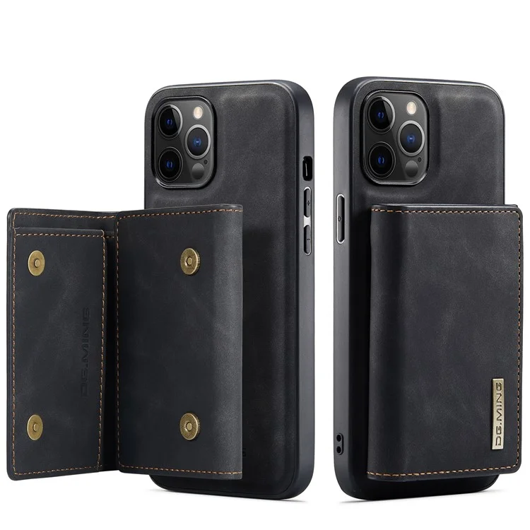 DG.MING M1 Series Wireless Charging Leather Coated TPU + PC Magnet Absorption Wallet Hybrid Cover Shell with Kickstand for iPhone 13 Pro 6.1 inch - Black