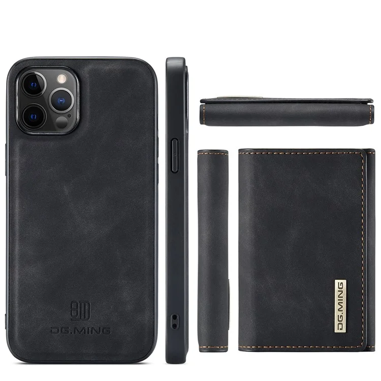 DG.MING M1 Series Wireless Charging Leather Coated TPU + PC Magnet Absorption Wallet Hybrid Cover Shell with Kickstand for iPhone 13 Pro 6.1 inch - Black