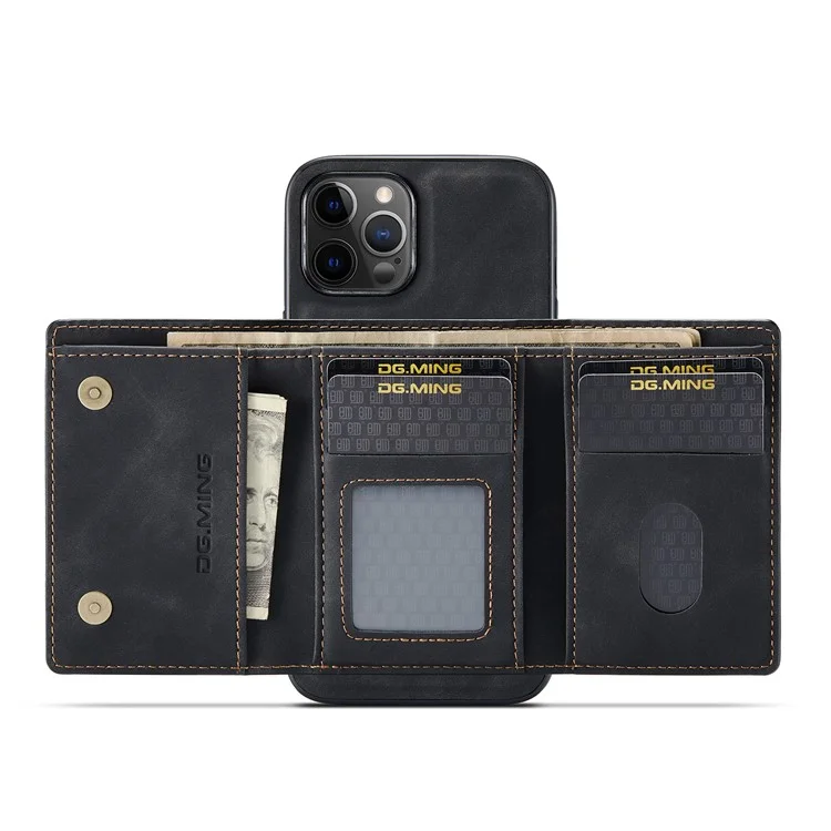 DG.MING M1 Series Wireless Charging Leather Coated TPU + PC Magnet Absorption Wallet Hybrid Cover Shell with Kickstand for iPhone 13 Pro 6.1 inch - Black