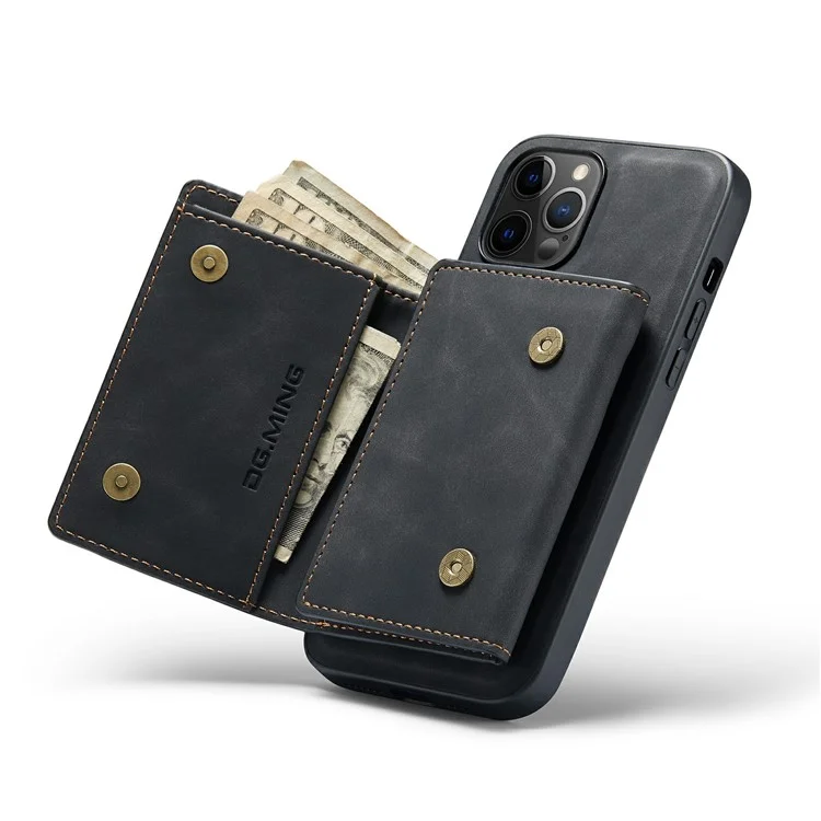 DG.MING M1 Series Magnet Absorption Wallet Leather Coated TPU + PC Hybrid Cover Shell with Kickstand for iPhone 13 mini 5.4 inch - Black