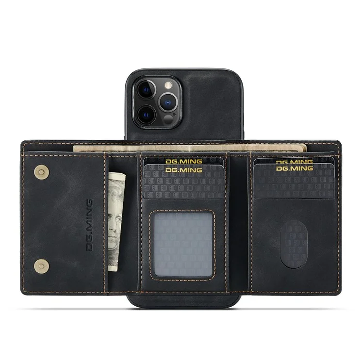 DG.MING M1 Series Magnet Absorption Wallet Leather Coated TPU + PC Hybrid Cover Shell with Kickstand for iPhone 13 mini 5.4 inch - Black
