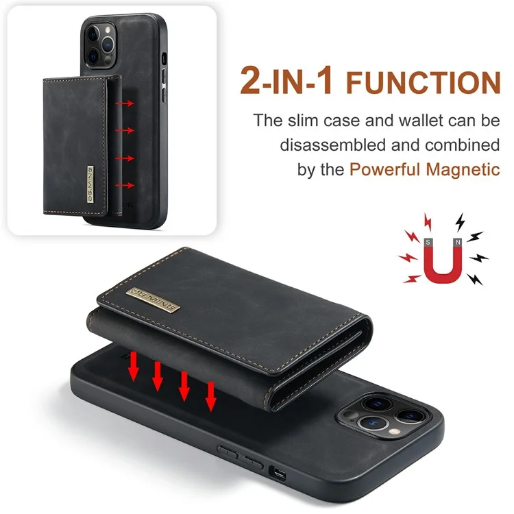 DG.MING M1 Series Magnet Absorption Wallet Leather Coated TPU + PC Hybrid Cover Shell with Kickstand for iPhone 13 mini 5.4 inch - Black