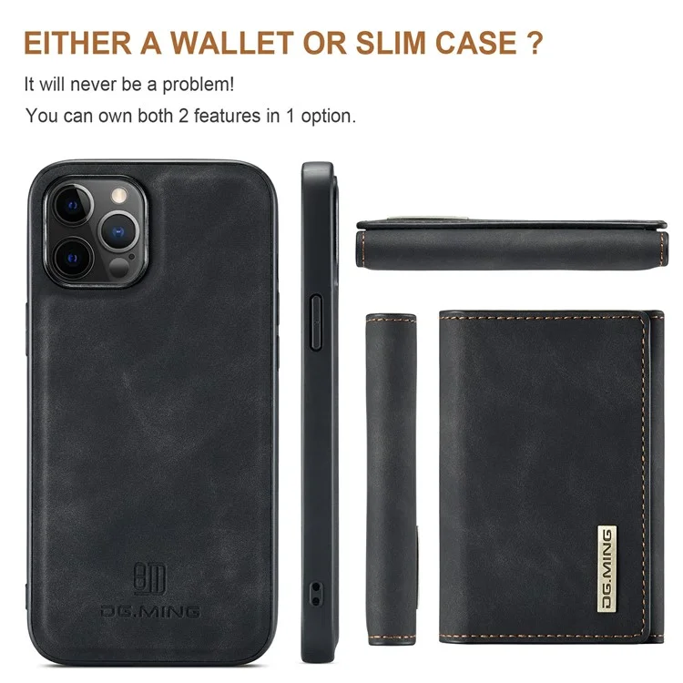 DG.MING M1 Series Magnet Absorption Wallet Leather Coated TPU + PC Hybrid Cover Shell with Kickstand for iPhone 13 mini 5.4 inch - Black