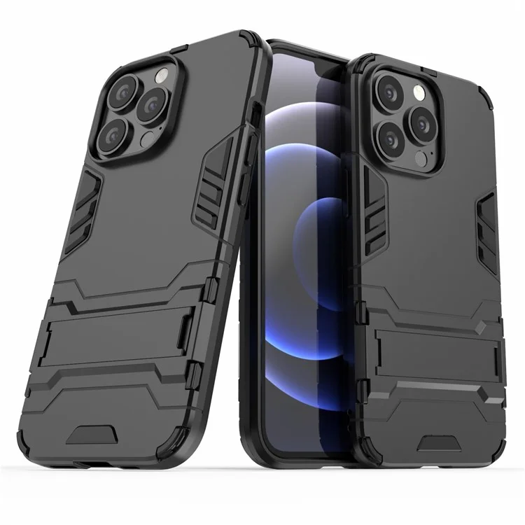 Shockproof 2 in 1 Hybrid Hard PC Flexible TPU Protective Case with Kickstand for iPhone 13 Pro 6.1 inch - Black