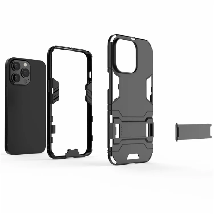 Shockproof 2 in 1 Hybrid Hard PC Flexible TPU Protective Case with Kickstand for iPhone 13 Pro 6.1 inch - Black