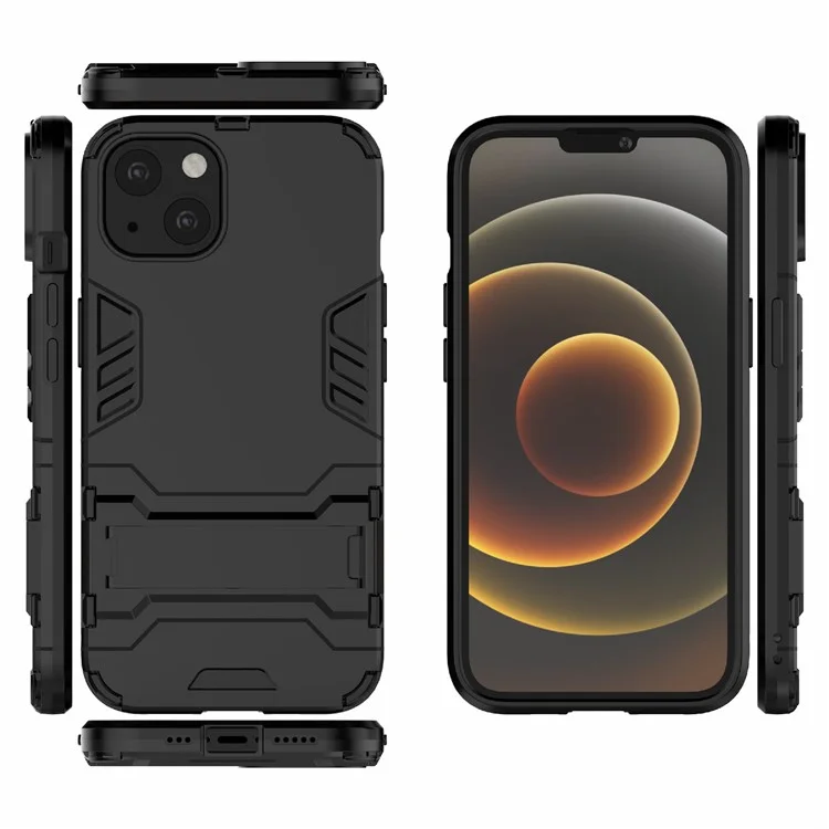 Kickstand Heavy Duty Stoßfest 2 In 1 Hybrid Hard PC Und Flexibles Weiches TPU-Telefonabdeckung Für IPhone 13 6,1 Zoll - Schwarz