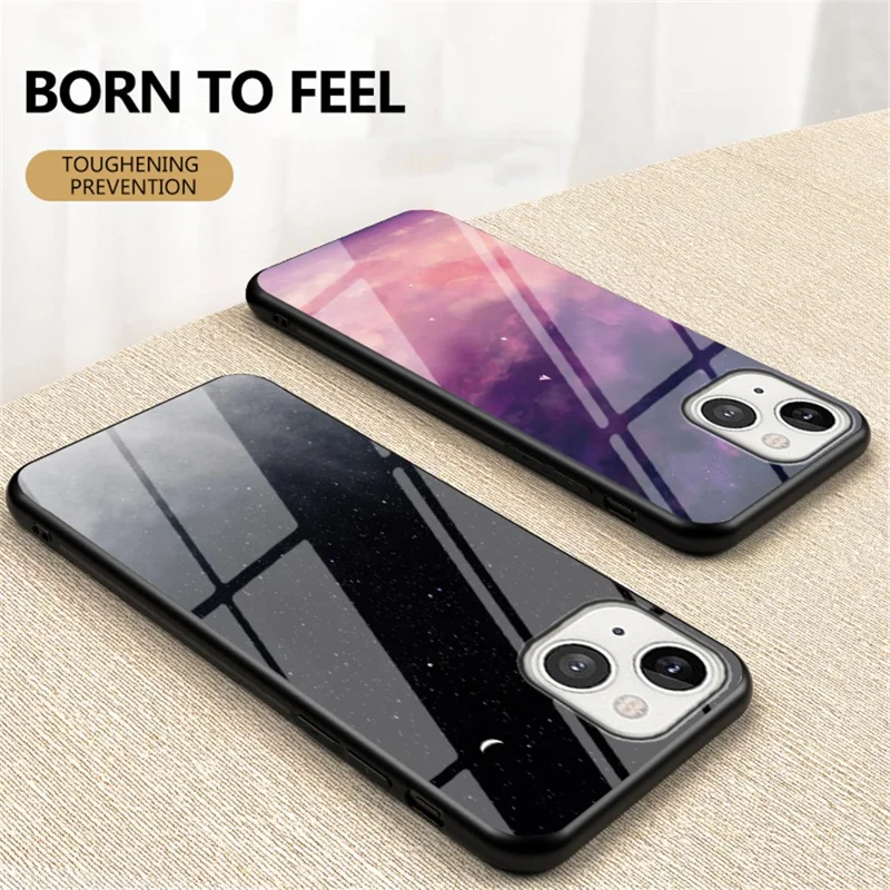 Starry Sky Tempered Glass Anti-Scratch Soft Edge Shockproof Back Cover Case for iPhone 13 mini 5.4 inch - Starry Crescent Moon