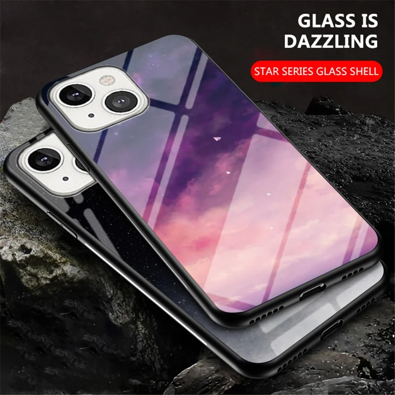 Starry Sky Tempered Glass Anti-Scratch Soft Edge Shockproof Back Cover Case for iPhone 13 mini 5.4 inch - Starry Crescent Moon