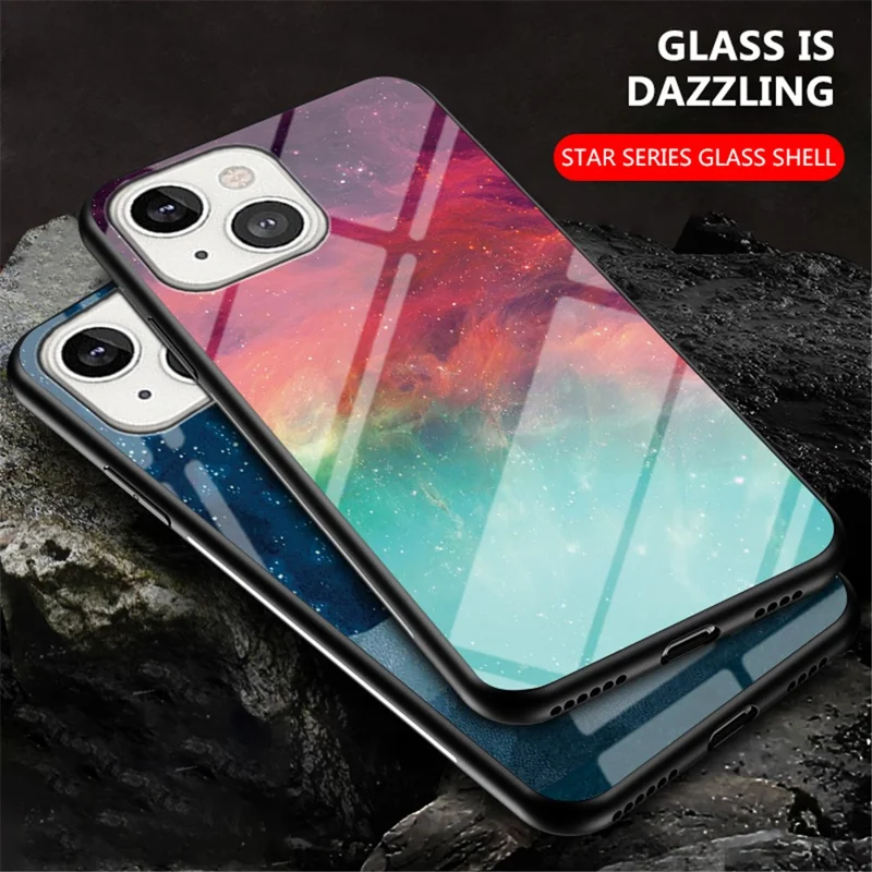 Starry Sky Tempered Glass Anti-Scratch Soft Edge Shockproof Back Cover Case for iPhone 13 mini 5.4 inch - Color Starry Sky