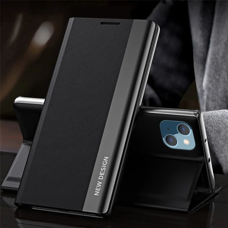 Drop-Resistant Folio Flip Plated Leather Stand Case for iPhone 13 6.1 inch - Black