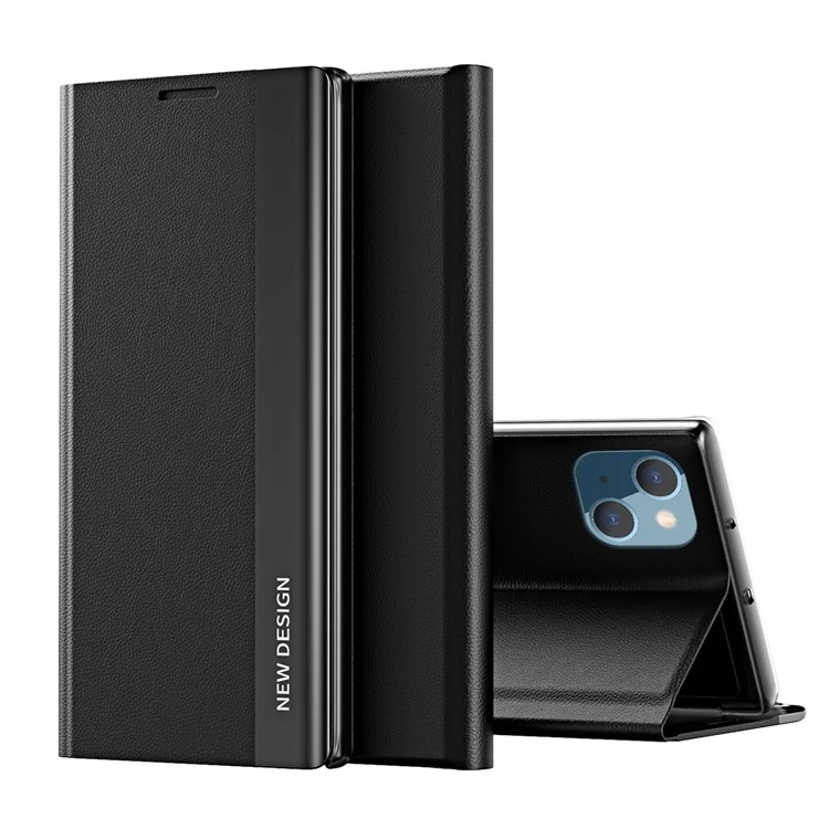 Funda de Piel Fuerte con Soporte Plegable de Chapa Interna de PC para iPhone 13 mini 5.4 pulgadas - Negro
