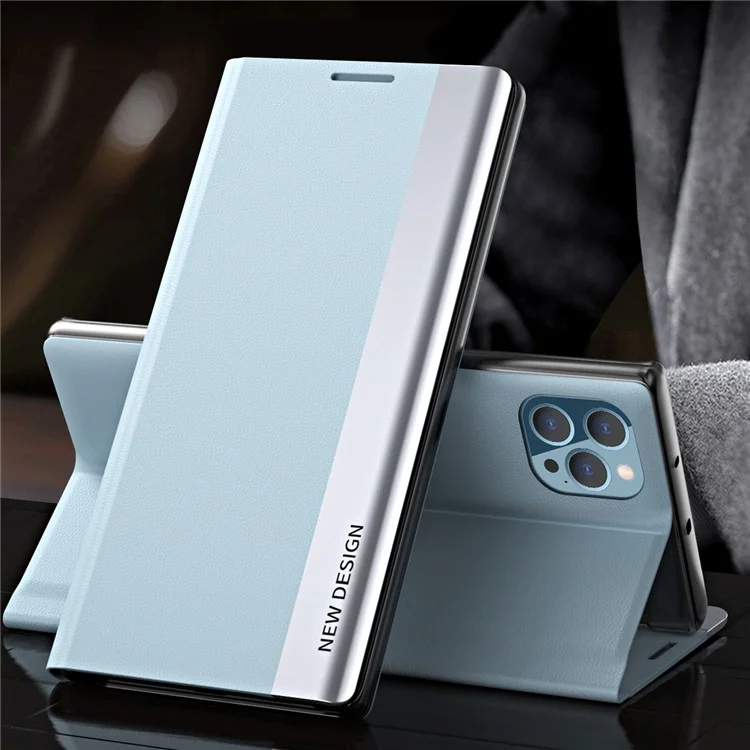 Full Coverage Strong Magnet Leather with PC Inner Folio Flip Plated Stand Case for iPhone 13 Pro Max 6.7 inch - Baby Blue