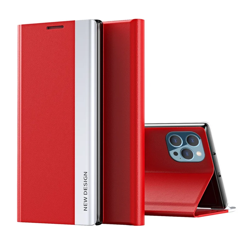 Auto Absorption Anti-Shock Folio Flip Plated Leather Stand Case for iPhone 13 Pro 6.1 inch - Red