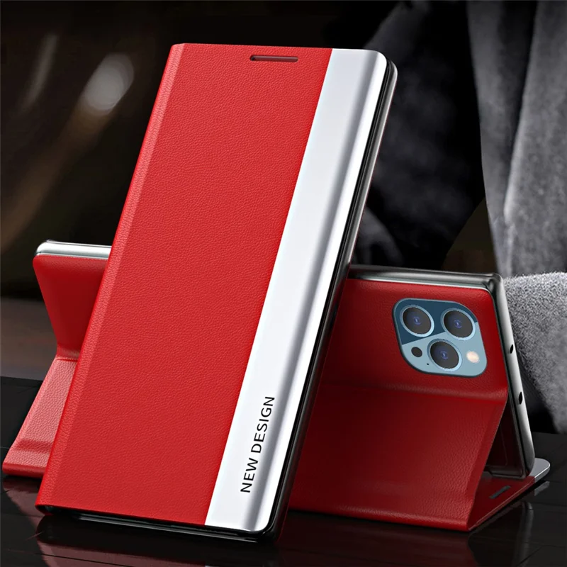 Auto Absorption Anti-Shock Folio Flip Plated Leather Stand Case for iPhone 13 Pro 6.1 inch - Red