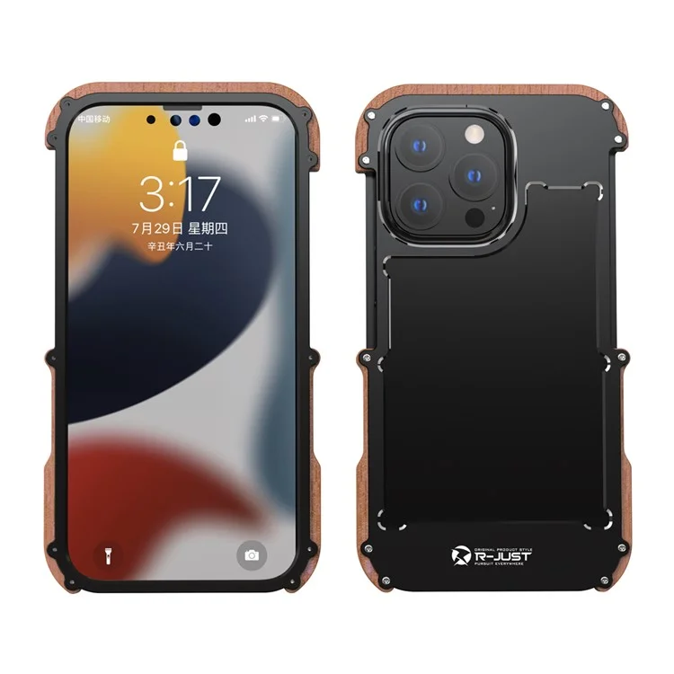 Чехол-бампер R-JUST Ultra Thin Aluminum Alloy Wood Metal из алюминиевого сплава и дерева для iPhone 13 Pro Max 6,7 дюйма - черный