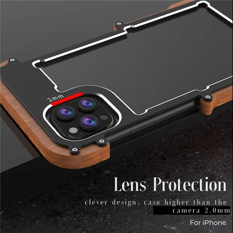 Чехол-бампер R-JUST Ultra Thin Aluminum Alloy Wood Metal из алюминиевого сплава и дерева для iPhone 13 Pro Max 6,7 дюйма - черный