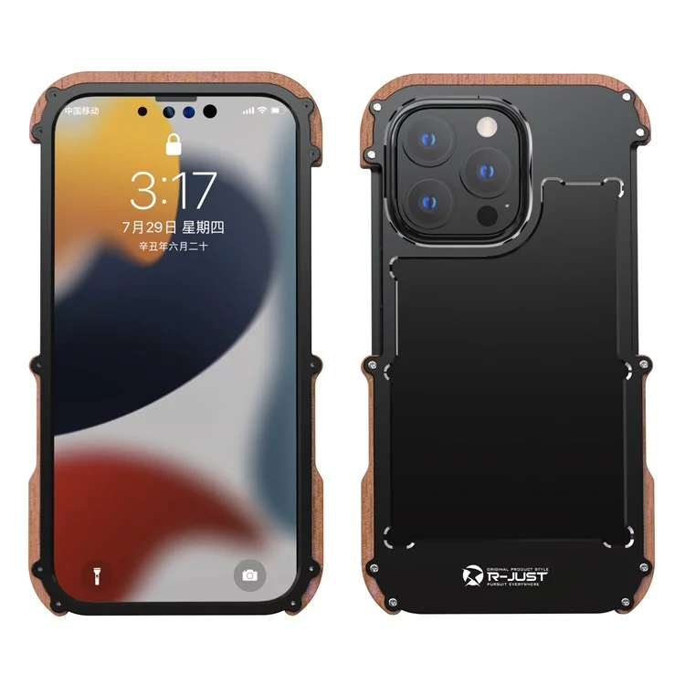 R-JUST Classical Shockproof Cell Phone Case Wood + Aluminium Alloy Frame Protector Bumper für Apple iPhone 13 6.1 inch - Schwarz