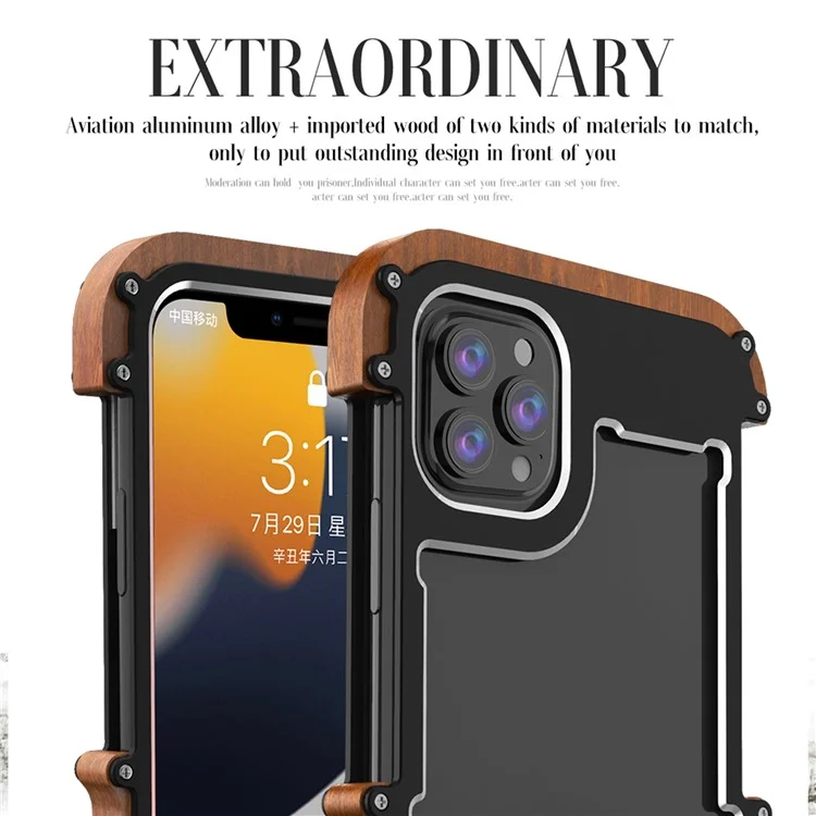 R-JUST Classical Shockproof Cell Tele Wood + Aluminio Aley Frame Protector Bumper Para Apple Iphone 13 6.1 Pulgadas - Negro