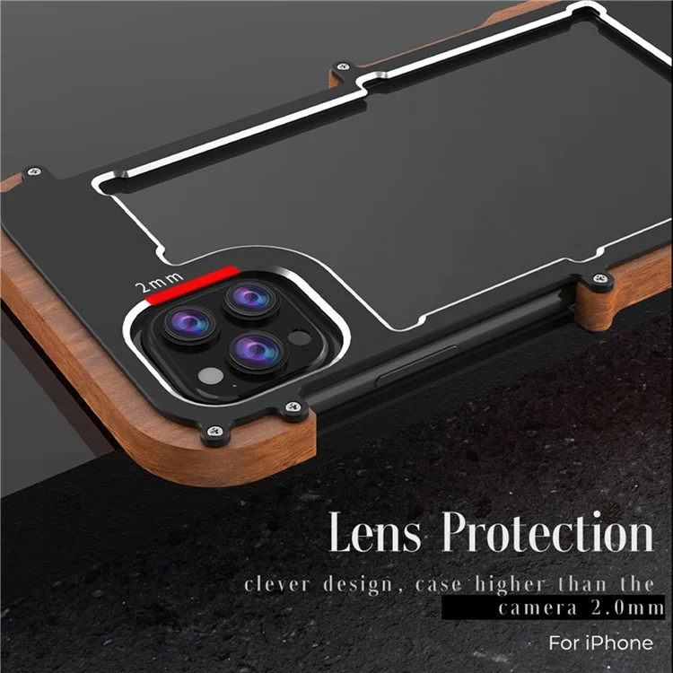 R-JUST Classical Shockproof Cell Phone Case Wood + Aluminium Alloy Frame Protector Bumper für Apple iPhone 13 6.1 inch - Schwarz