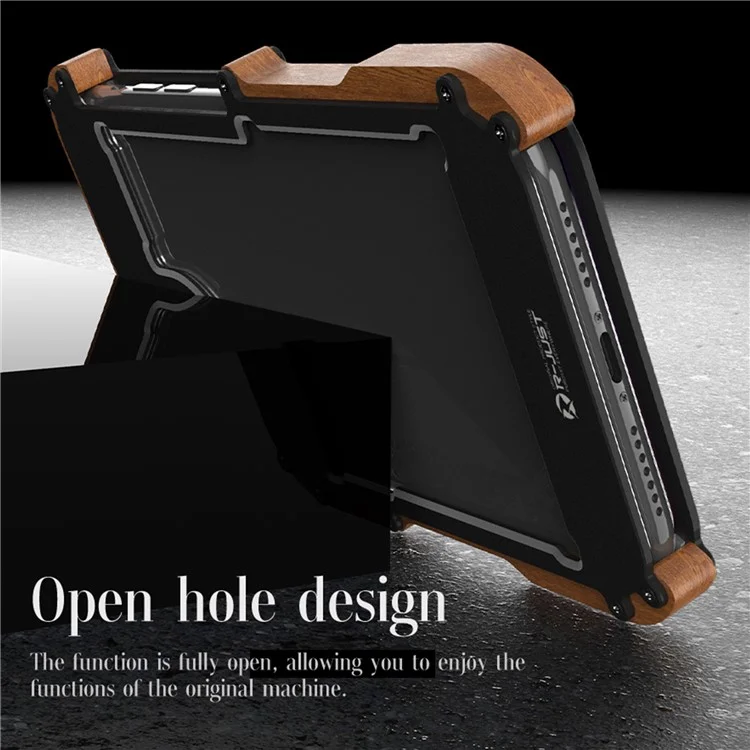 R-JUST Classical Shockproof Cell Phone Case Wood + Aluminium Alloy Frame Protector Bumper für Apple iPhone 13 6.1 inch - Schwarz