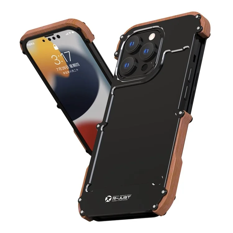 R-JUST Classical Shockproof Cell Phone Case Wood + Aluminium Alloy Frame Protector Bumper für Apple iPhone 13 6.1 inch - Schwarz