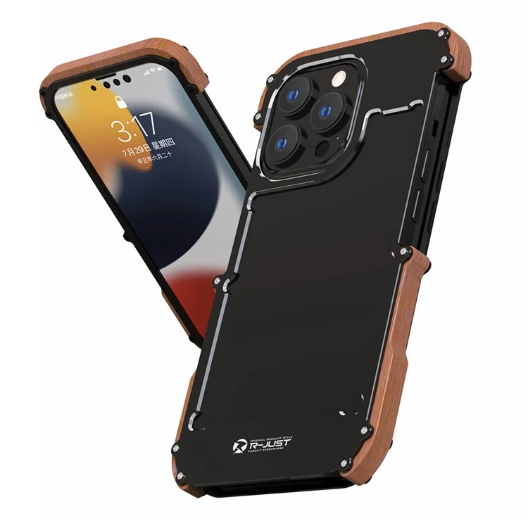 R-just Wood + Alumínio Liga Liga Protetor Caspo Celular à Prova de Choque Para Apple Iphone 13 Pro 6,1 Polegadas - Preto