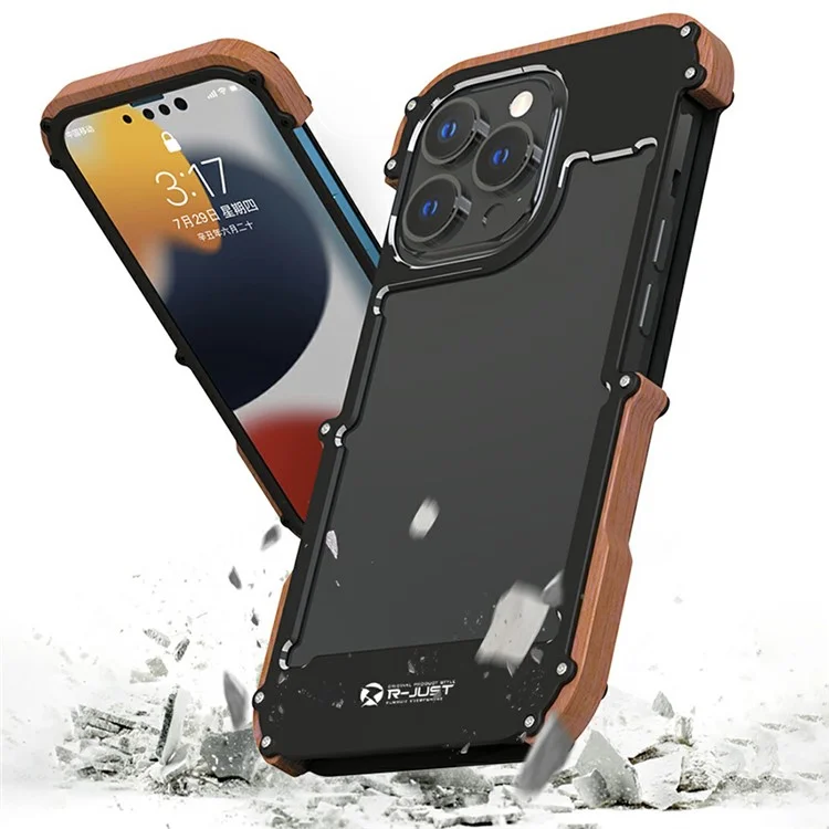 R-JUST Wood + Aluminium Alloy Frame Protector Bumper Shockproof Cell Phone Case for Apple iPhone 13 Pro 6.1 inch - Black