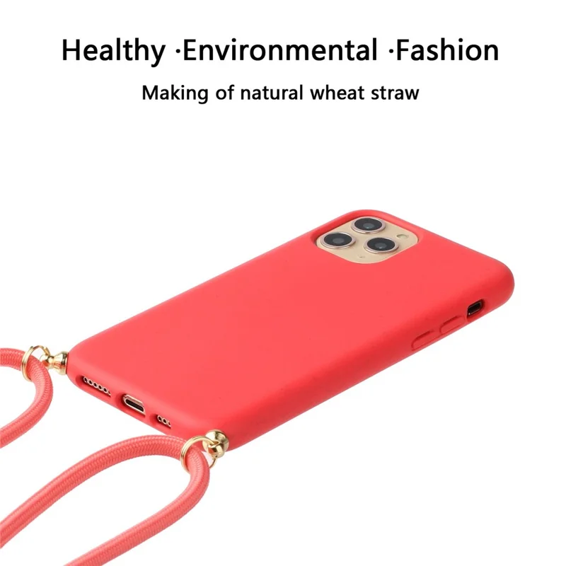 Eco Friendly Phone Case for iPhone 13 6.1 inch, Soft TPU + Wheat Straw Cover with Multi-function Strap - Red
