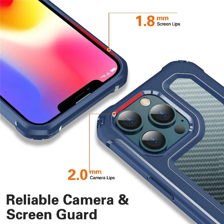 Coque de protection hybride 2-en-1 antichoc en PC dur et TPU flexible avec texture en fibre de carbone pour iPhone 13 Pro Max 6,7 pouces - Bleu