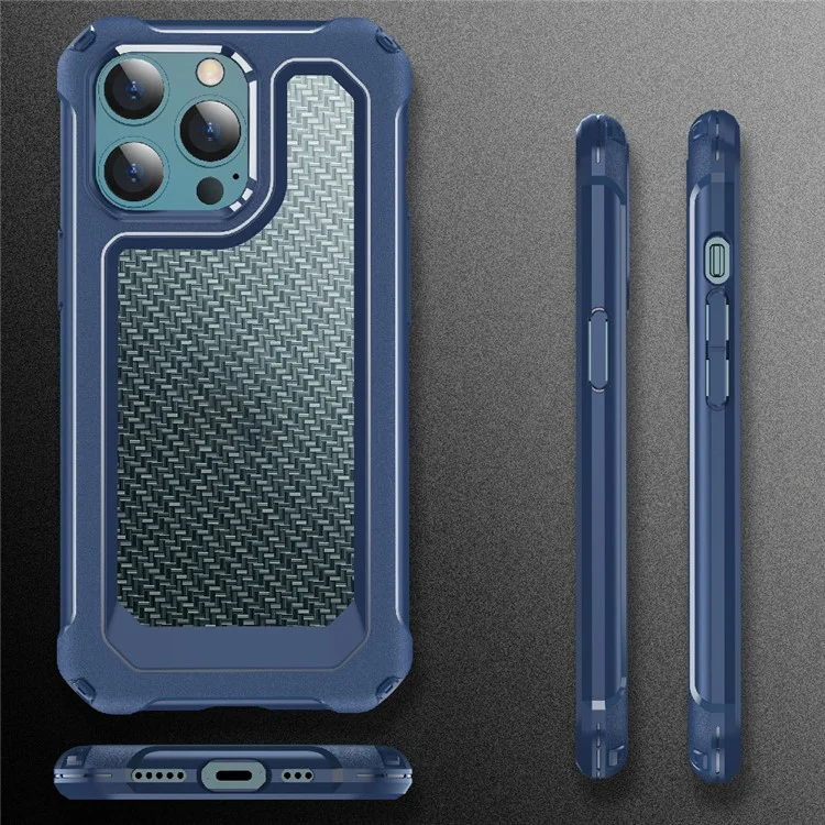 Coque de protection hybride 2-en-1 antichoc en PC dur et TPU flexible avec texture en fibre de carbone pour iPhone 13 Pro Max 6,7 pouces - Bleu