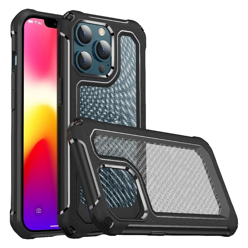 Hybrid Hard PC Flexible TPU Bumper Carbon Fiber Texture Shockproof Protective Case for iPhone 13 6.1 inch - Black