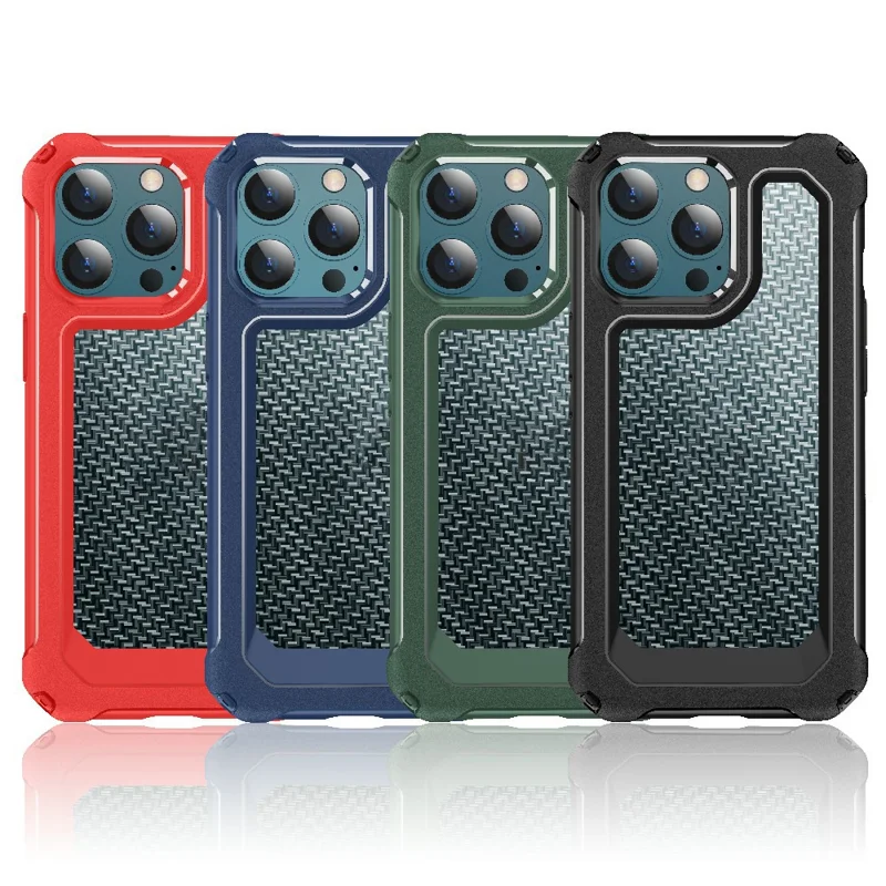 Hybrid Hard PC Flexible TPU Bumper Carbon Fiber Texture Shockproof Protective Case for iPhone 13 6.1 inch - Black