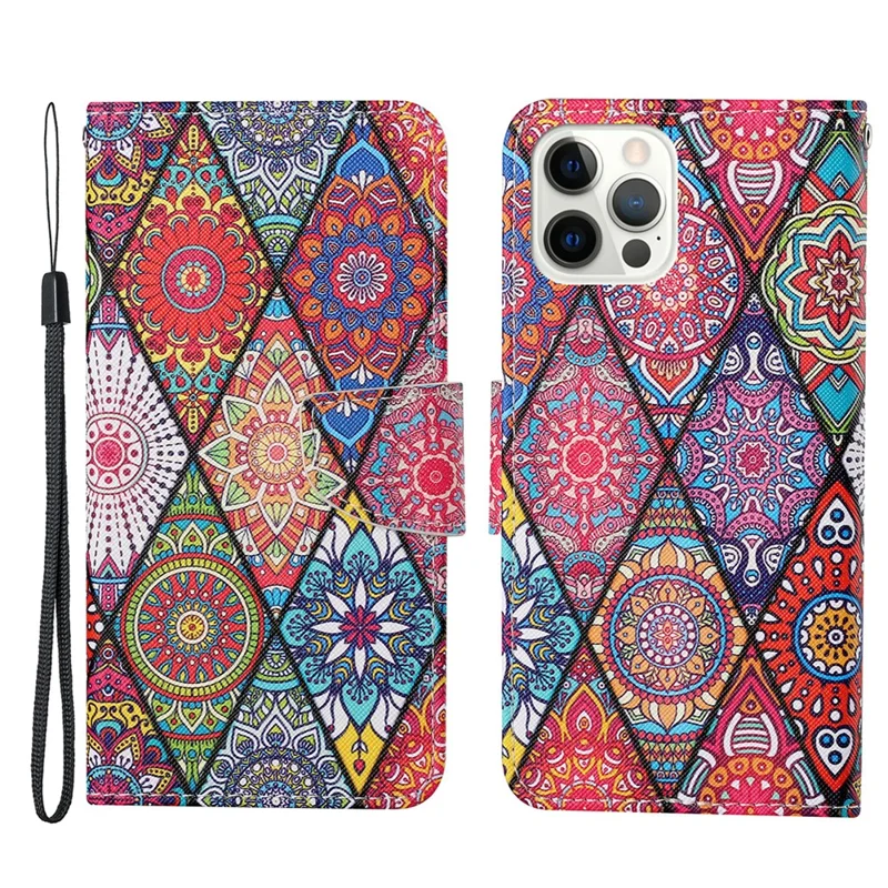 Cross Texture Pattern Printing PU Leather Wallet Stand Phone Case for iPhone 13 Pro 6.1 inch - Mandala Pattern