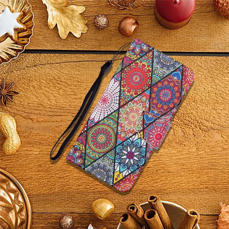 Cross Texture Pattern Printing PU Leather Wallet Stand Phone Case for iPhone 13 Pro 6.1 inch - Mandala Pattern