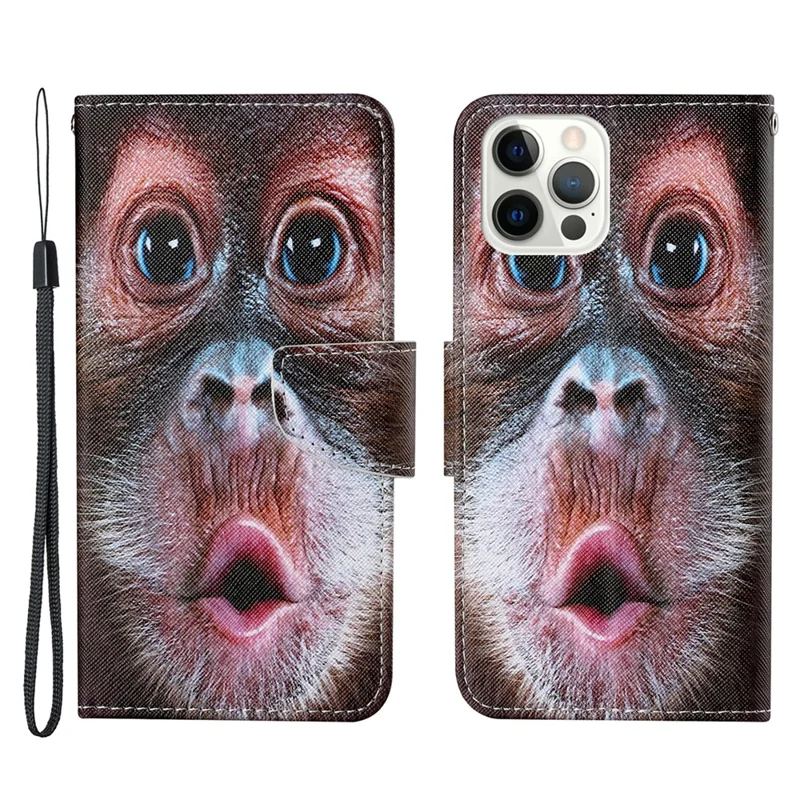 Cross Texture Pattern Printing PU Leather Wallet Stand Phone Case for iPhone 13 Pro 6.1 inch - Monkey