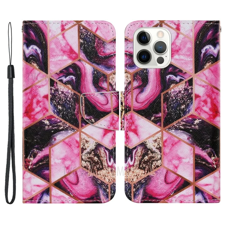 Multi Pattern Magnetic Clasp Wrist Strap Leather Phone Cell Case with Stand for Apple iPhone 13 Pro 6.1 inch - Pink Geometry