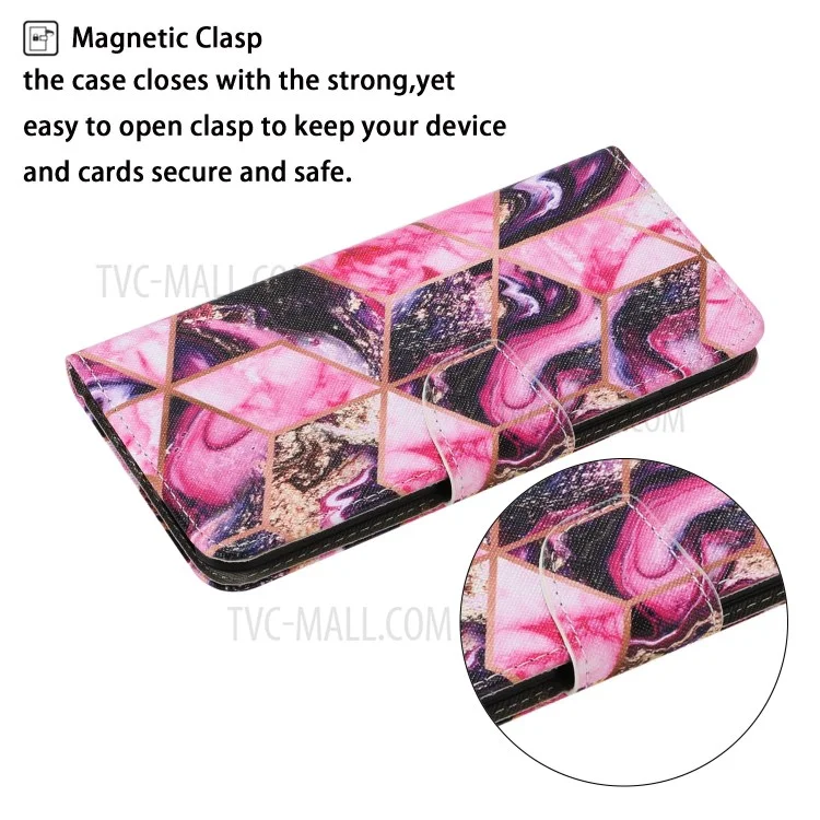 Multi Pattern Magnetic Clasp Wrist Strap Leather Phone Cell Case with Stand for Apple iPhone 13 Pro 6.1 inch - Pink Geometry