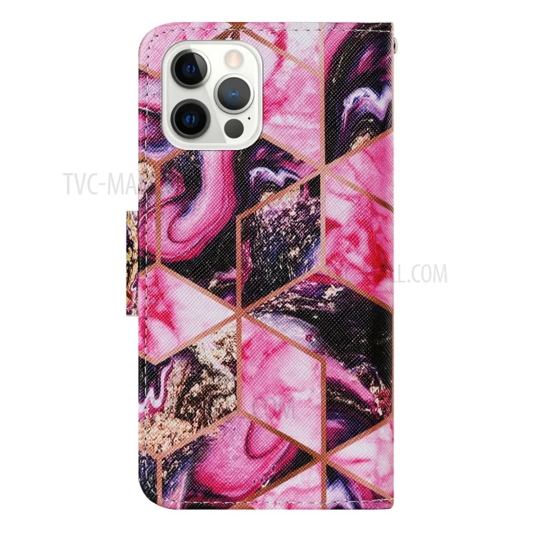 Multi Pattern Magnetic Clasp Wrist Strap Leather Phone Cell Case with Stand for Apple iPhone 13 Pro 6.1 inch - Pink Geometry
