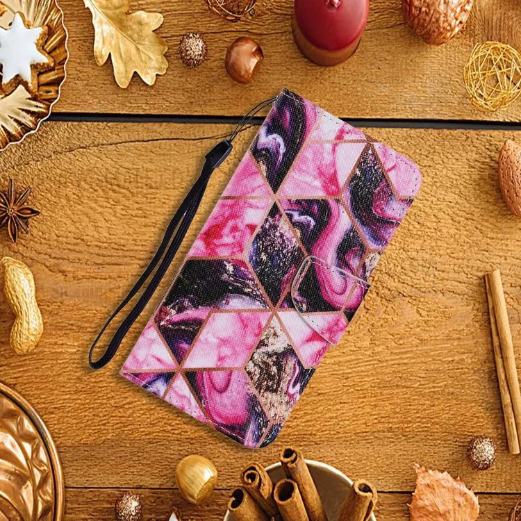 Multi Pattern Magnetic Clasp Wrist Strap Leather Phone Cell Case with Stand for Apple iPhone 13 Pro 6.1 inch - Pink Geometry