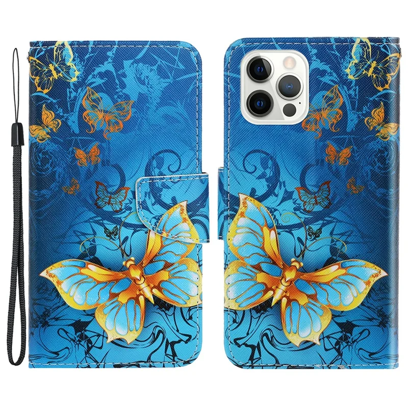 Card Slots Shockproof Pattern-Printing Handy Strap Leather Cell Case with Wallet and Stand for iPhone 13 Pro Max 6.7 inch - Gold Butterfly