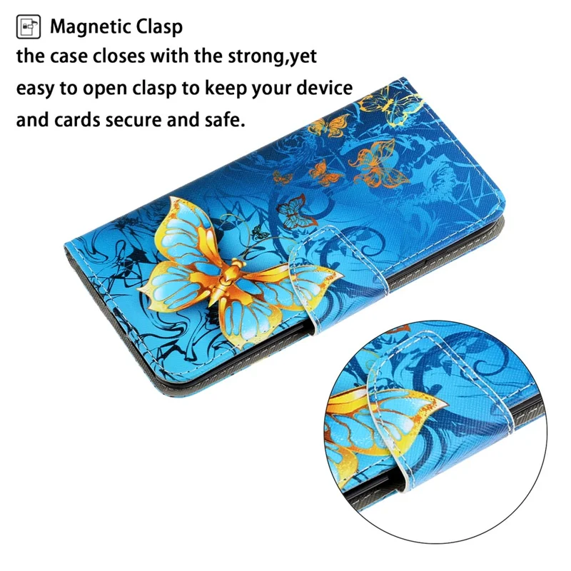 Card Slots Shockproof Pattern-Printing Handy Strap Leather Cell Case with Wallet and Stand for iPhone 13 Pro Max 6.7 inch - Gold Butterfly
