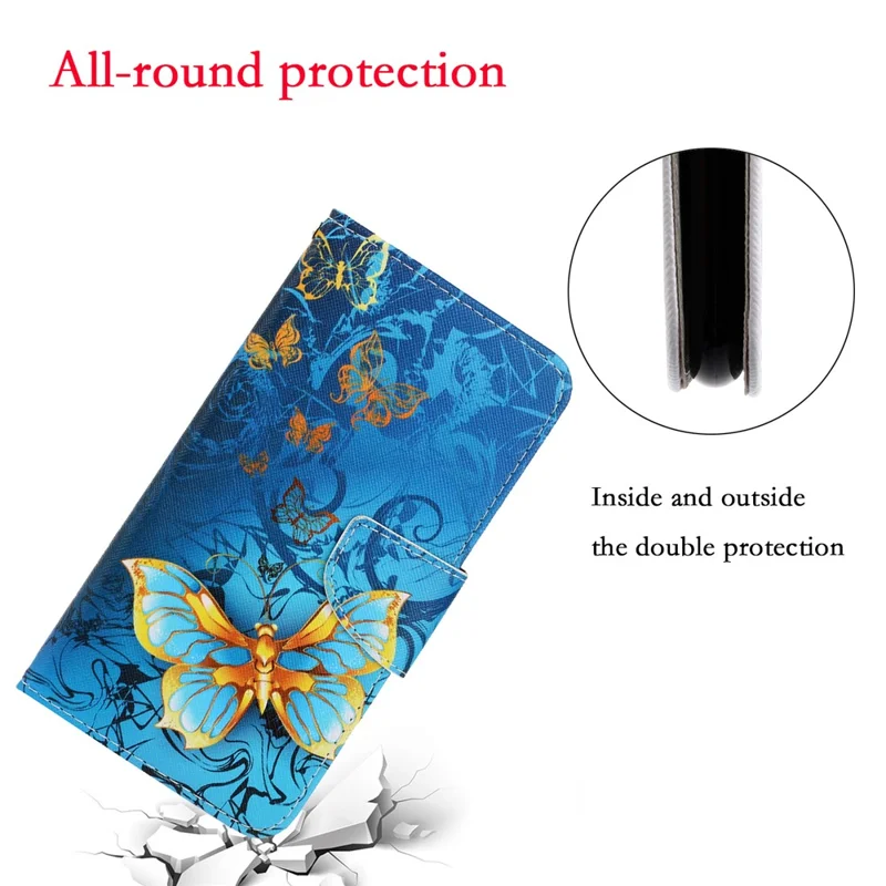 Card Slots Shockproof Pattern-Printing Handy Strap Leather Cell Case with Wallet and Stand for iPhone 13 Pro Max 6.7 inch - Gold Butterfly