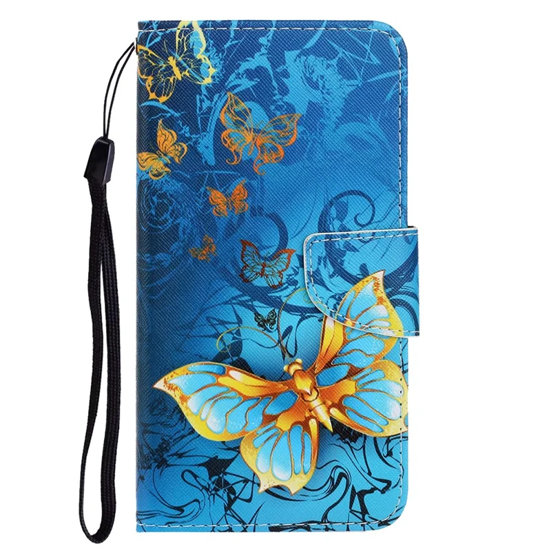 Card Slots Shockproof Pattern-Printing Handy Strap Leather Cell Case with Wallet and Stand for iPhone 13 Pro Max 6.7 inch - Gold Butterfly
