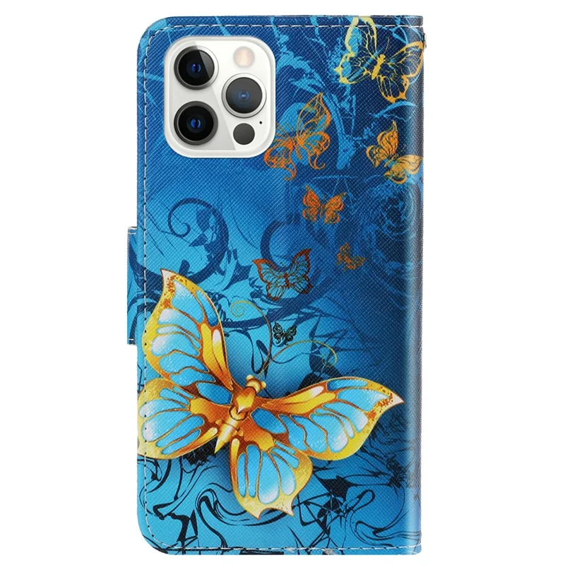 Card Slots Shockproof Pattern-Printing Handy Strap Leather Cell Case with Wallet and Stand for iPhone 13 Pro Max 6.7 inch - Gold Butterfly