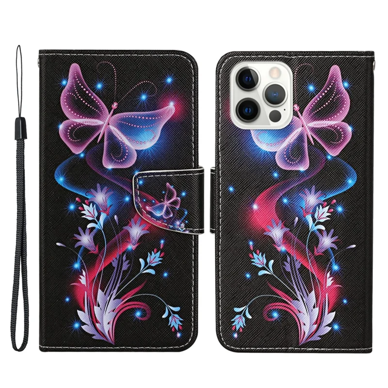 All-around Protection Pattern-Printing Handy Strap Leather Cell Case with Wallet and Stand for iPhone 13 Pro Max 6.7 inch - Pink Butterfly