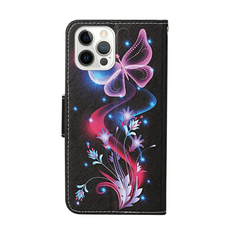 All-around Protection Pattern-Printing Handy Strap Leather Cell Case with Wallet and Stand for iPhone 13 Pro Max 6.7 inch - Pink Butterfly